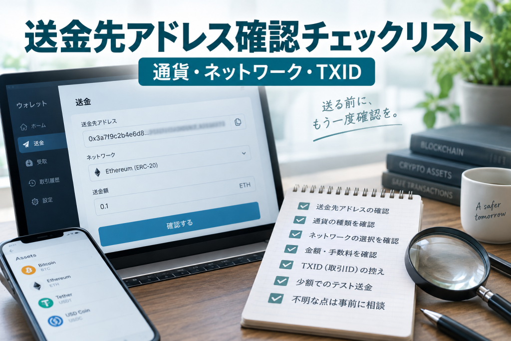 暗号資産の送金先アドレス確認で通貨・ネットワーク・TXIDを照合するチェックリスト