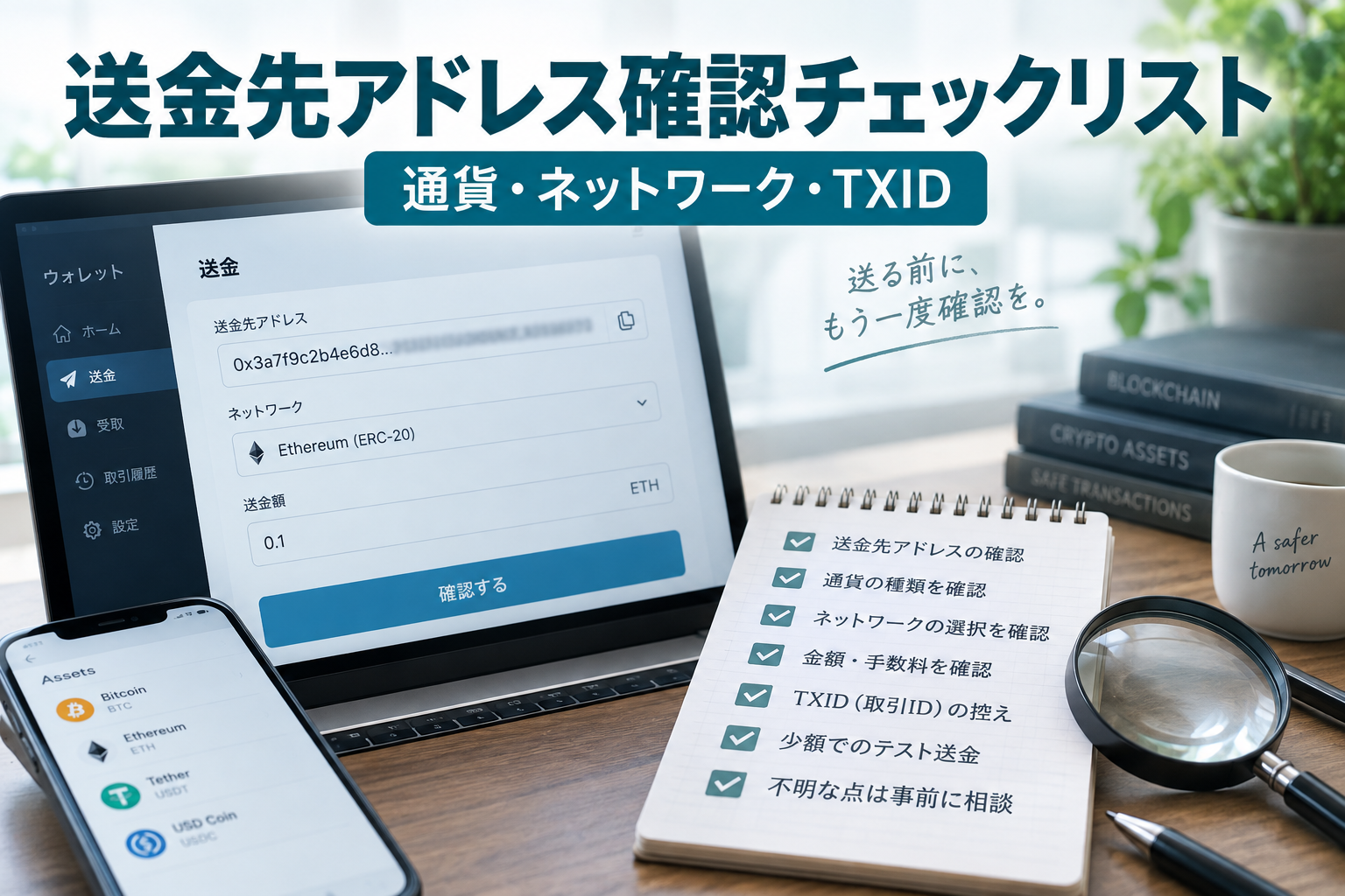 暗号資産の送金先アドレス確認で通貨・ネットワーク・TXIDを照合するチェックリスト