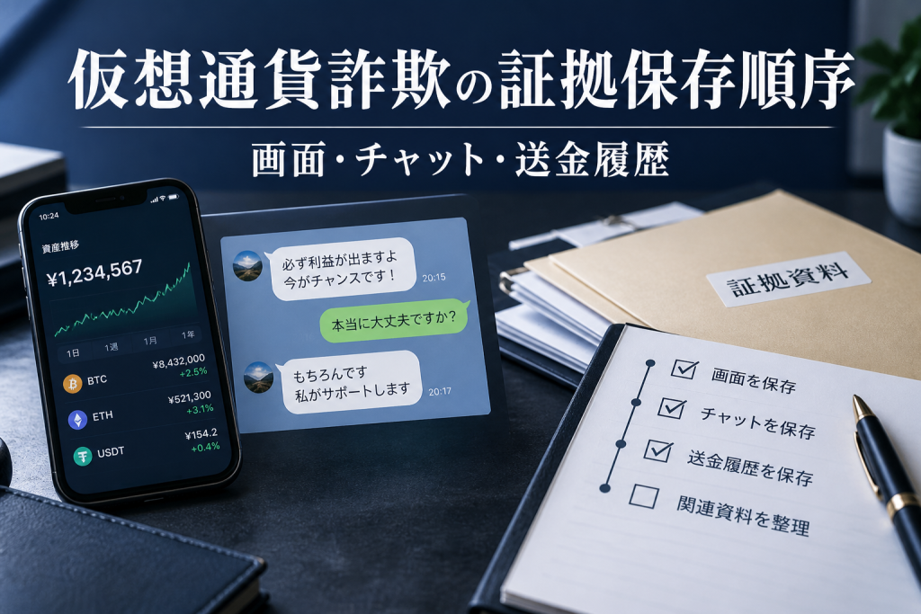 仮想通貨詐欺の証拠保存順序を示す画面・チャット・送金履歴のチェックリスト